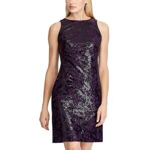 Ralph Lauren Sequin Floral Lace Sleeveless Sheath Cocktail Dress Purple Size 10